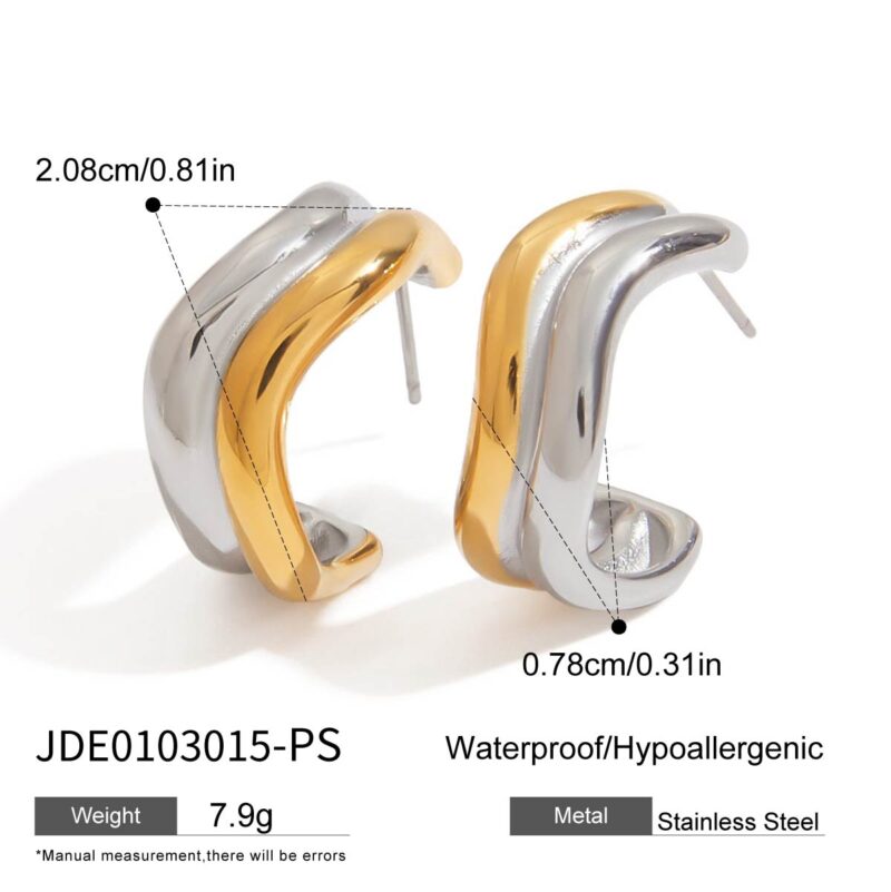 J&D Minimalist Two-Tone Gold Plated Stainless Steel Double-Wave Line Earrings Sustainable Jewelry Stackable Everyday Luxury Gift - Image 6