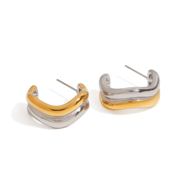 J&D Minimalist Two-Tone Gold Plated Stainless Steel Double-Wave Line Earrings Sustainable Jewelry Stackable Everyday Luxury Gift