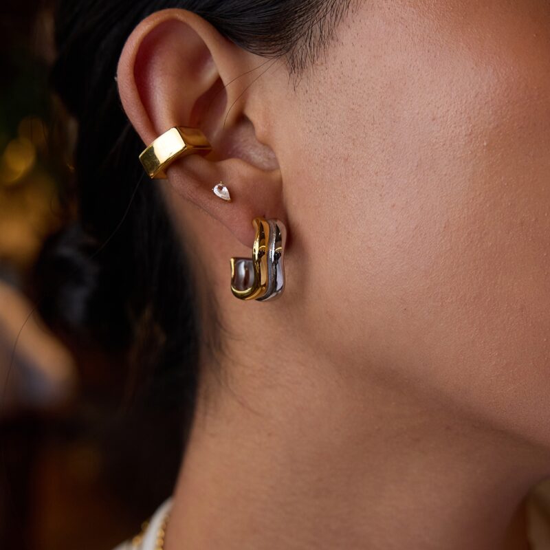 J&D Minimalist Two-Tone Gold Plated Stainless Steel Double-Wave Line Earrings Sustainable Jewelry Stackable Everyday Luxury Gift - Image 5