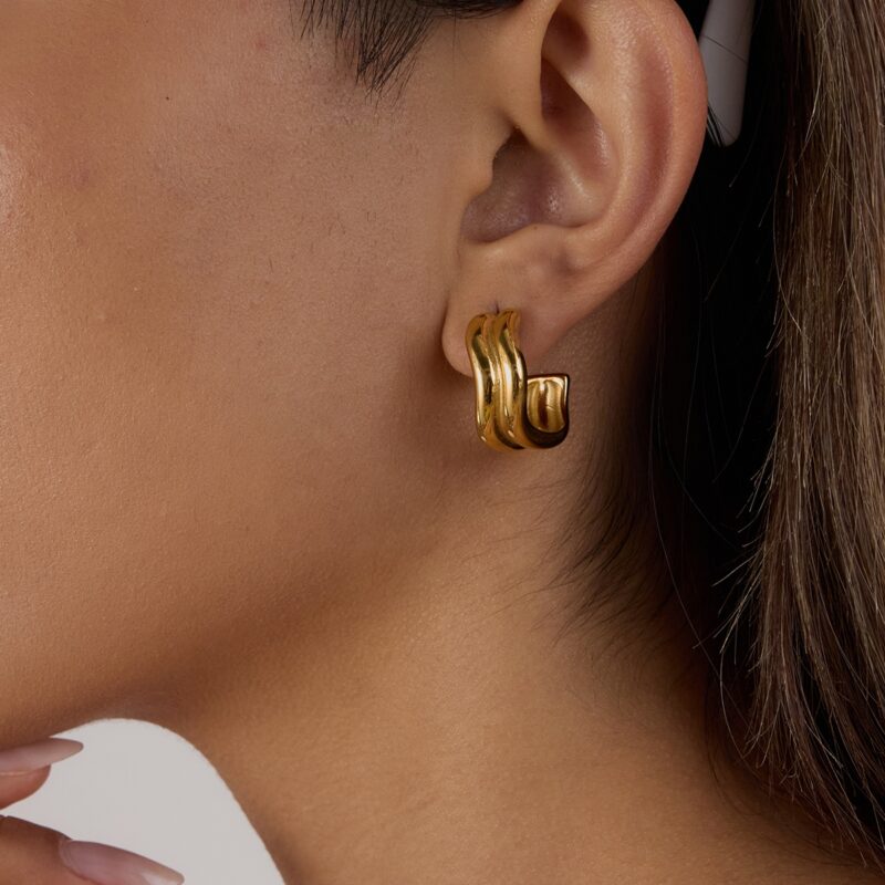 J&D Minimalist Two-Tone Gold Plated Stainless Steel Double-Wave Line Earrings Sustainable Jewelry Stackable Everyday Luxury Gift - Image 5
