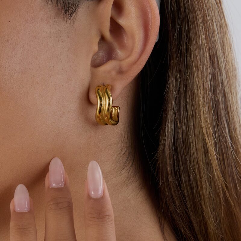 J&D Minimalist Two-Tone Gold Plated Stainless Steel Double-Wave Line Earrings Sustainable Jewelry Stackable Everyday Luxury Gift - Image 4