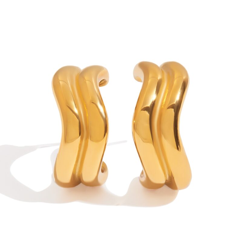 J&D Minimalist Two-Tone Gold Plated Stainless Steel Double-Wave Line Earrings Sustainable Jewelry Stackable Everyday Luxury Gift - Image 2