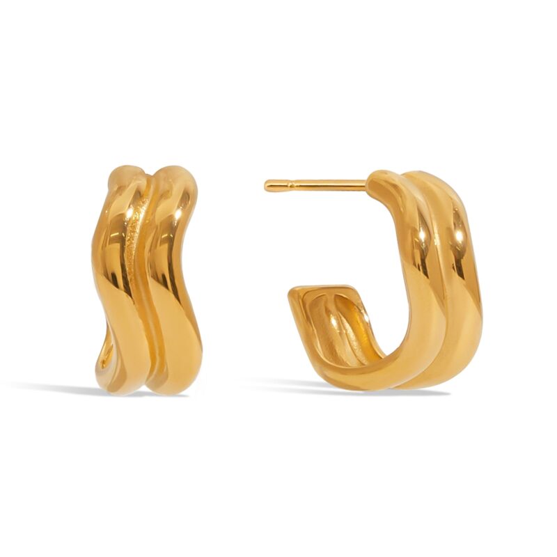 J&D Minimalist Two-Tone Gold Plated Stainless Steel Double-Wave Line Earrings Sustainable Jewelry Stackable Everyday Luxury Gift