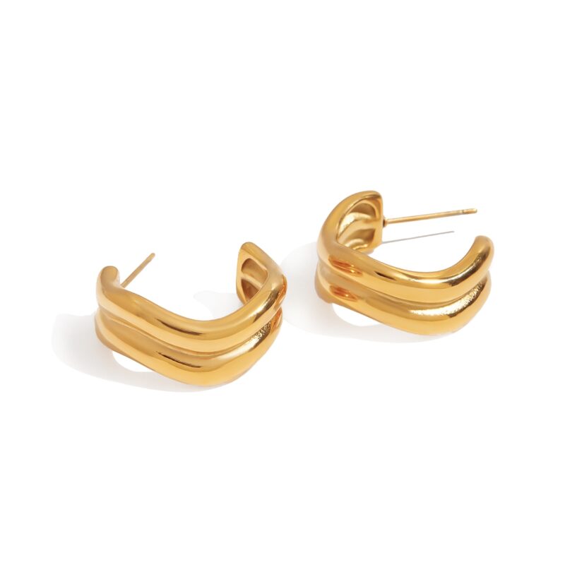 J&D Minimalist Two-Tone Gold Plated Stainless Steel Double-Wave Line Earrings Sustainable Jewelry Stackable Everyday Luxury Gift - Image 3