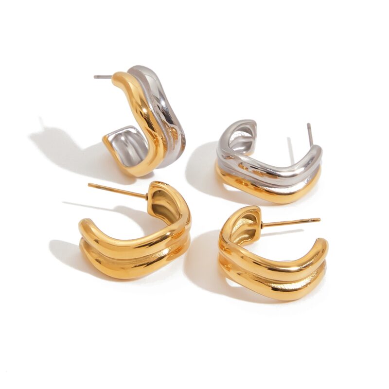J&D Minimalist Two-Tone Gold Plated Stainless Steel Double-Wave Line Earrings Sustainable Jewelry Stackable Everyday Luxury Gift - Image 3
