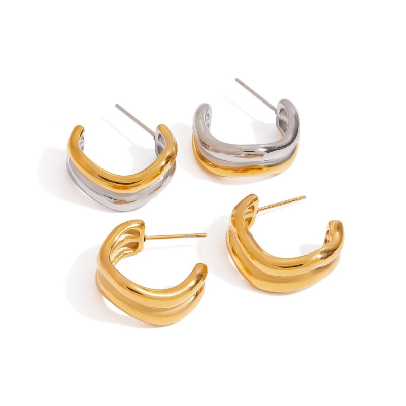 J&D Minimalist Two-Tone Gold Plated Stainless Steel Double-Wave Line Earrings Sustainable Jewelry Stackable Everyday Luxury Gift - Image 2