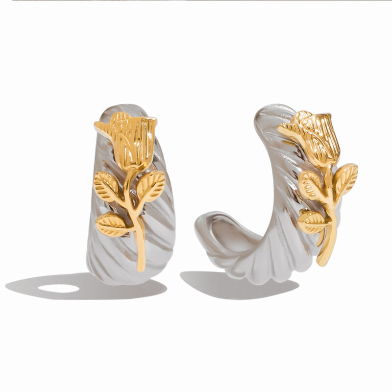 Classic Women's 18K Gold Two-Tone Ribbed Rose Hoop Earrings
