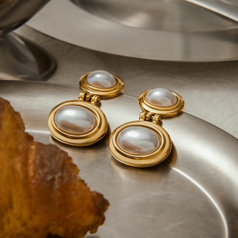 J&D Tarnish-Free 18K Gold Plated Stainless Steel Hypoallergenic Elegant Resin Pearl Double Oval Earrings - Image 3