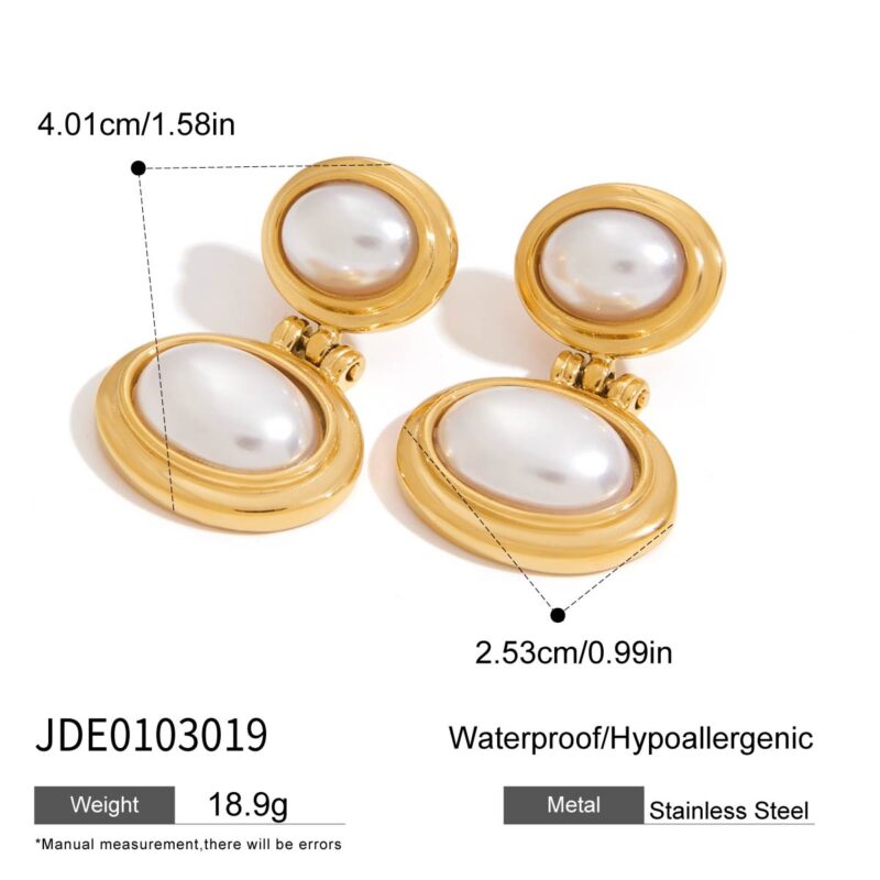 J&D Tarnish-Free 18K Gold Plated Stainless Steel Hypoallergenic Elegant Resin Pearl Double Oval Earrings - Image 6