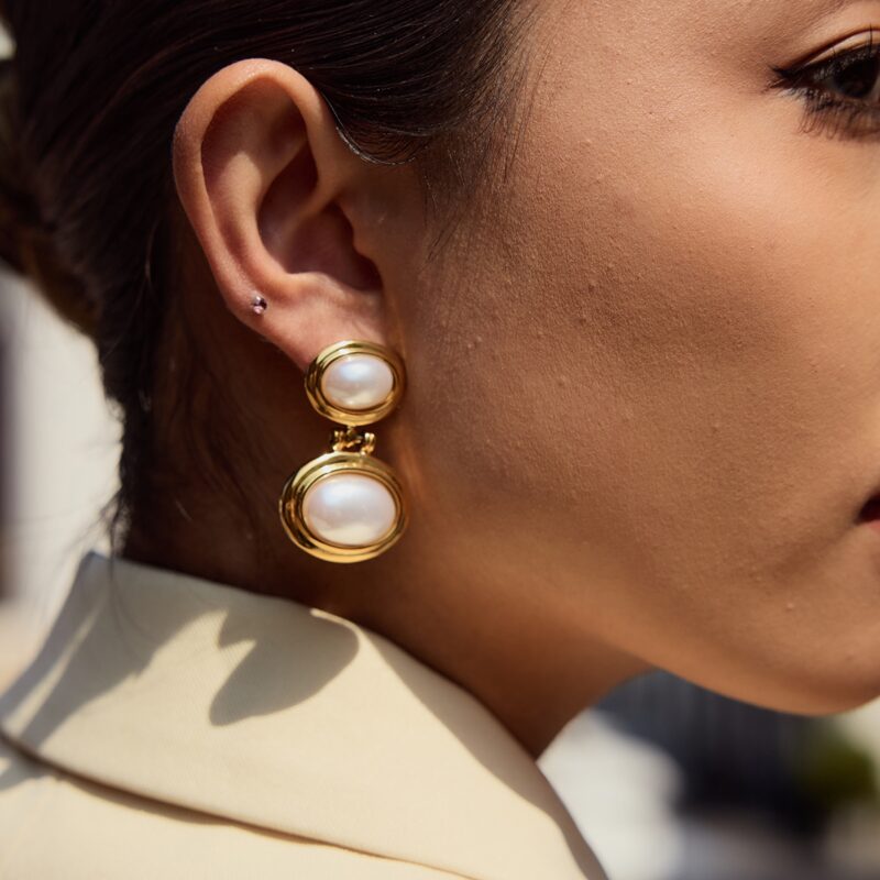 J&D Tarnish-Free 18K Gold Plated Stainless Steel Hypoallergenic Elegant Resin Pearl Double Oval Earrings - Image 4