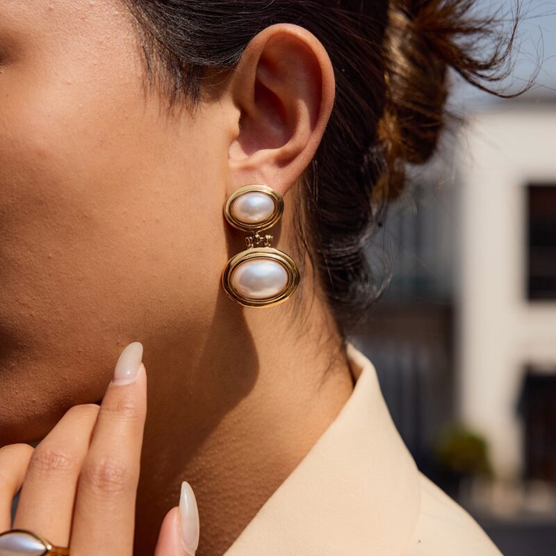 J&D Tarnish-Free 18K Gold Plated Stainless Steel Hypoallergenic Elegant Resin Pearl Double Oval Earrings - Image 5