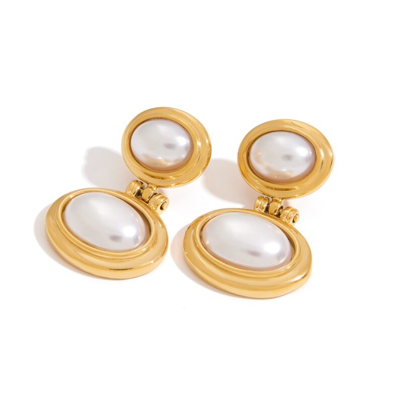 J&D Tarnish-Free 18K Gold Plated Stainless Steel Hypoallergenic Elegant Resin Pearl Double Oval Earrings - Image 2