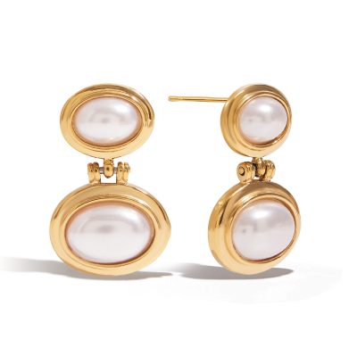 J&D Tarnish-Free 18K Gold Plated Stainless Steel Hypoallergenic Elegant Resin Pearl Double Oval Earrings