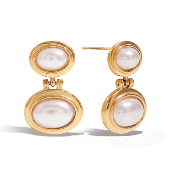J&D Tarnish-Free 18K Gold Plated Stainless Steel Hypoallergenic Elegant Resin Pearl Double Oval Earrings