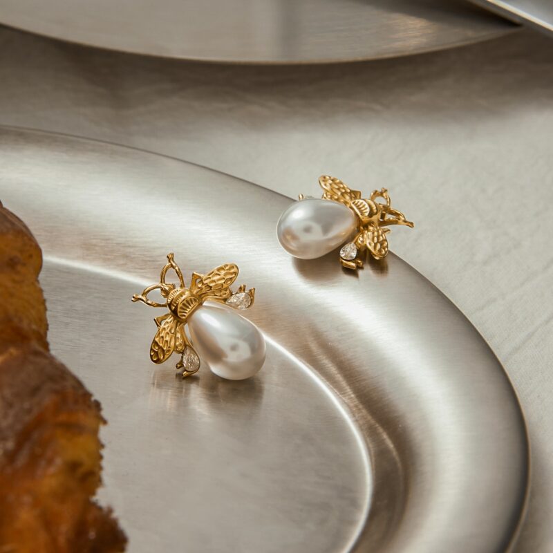 J&D New Classic Style 18k Gold Plated Tarnish Free Stainless Steel Hypoallergenic Bee Resin Pearls Zircon Earrings - Image 3