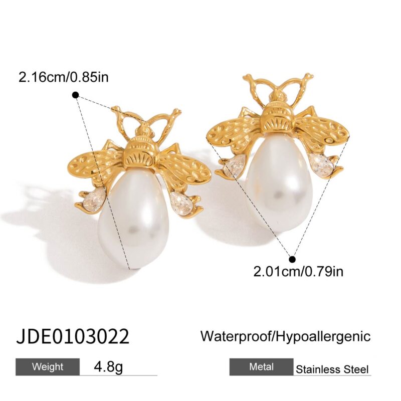 J&D New Classic Style 18k Gold Plated Tarnish Free Stainless Steel Hypoallergenic Bee Resin Pearls Zircon Earrings - Image 6