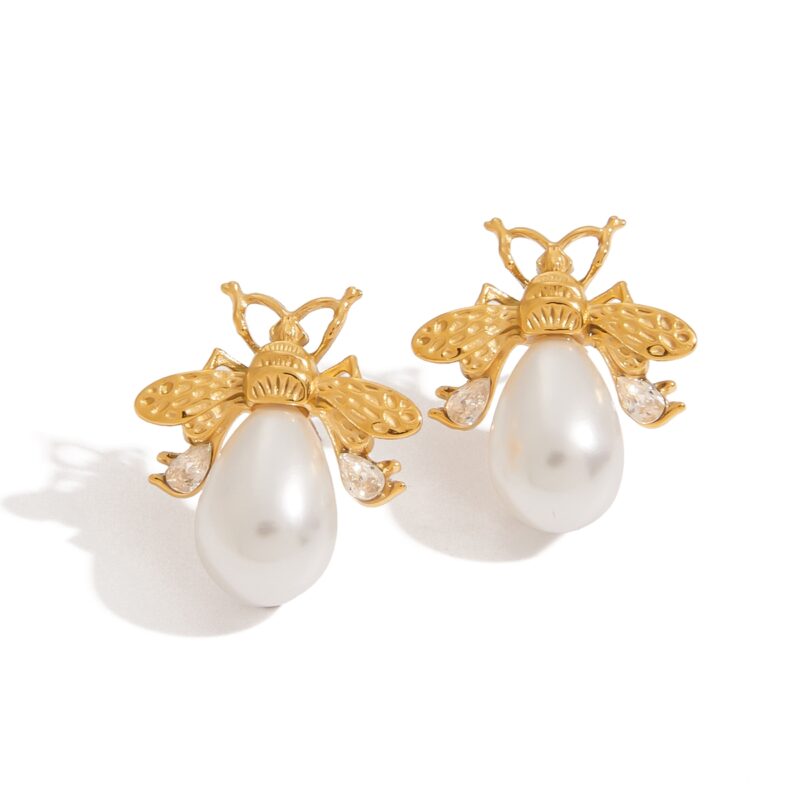 J&D New Classic Style 18k Gold Plated Tarnish Free Stainless Steel Hypoallergenic Bee Resin Pearls Zircon Earrings - Image 2
