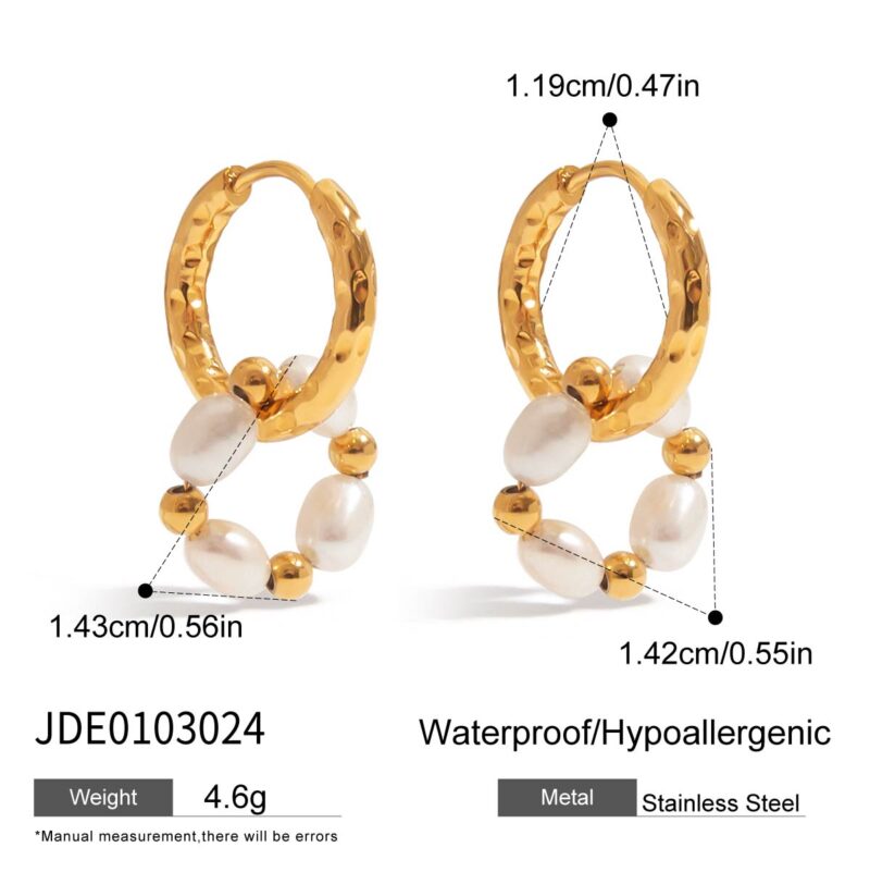 J&D Elegant Graceful Women Jewelry 18K Gold Stainless Steel Freshwater Pearl Double Huggie Hoop Earrings - Image 5