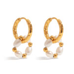 J&D Elegant Graceful Women Jewelry 18K Gold Stainless Steel Freshwater Pearl Double Huggie Hoop Earrings