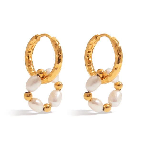 J&D Elegant Graceful Women Jewelry 18K Gold Stainless Steel Freshwater Pearl Double Huggie Hoop Earrings