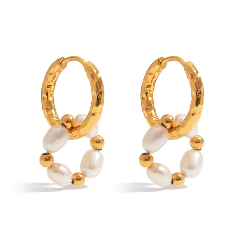 J&D Elegant Graceful Women Jewelry 18K Gold Stainless Steel Freshwater Pearl Double Huggie Hoop Earrings