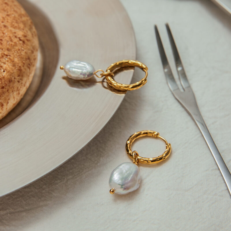 J&D Elegant Graceful Jewelry 18K Gold Stainless Steel Freshwater Pearl Huggie Hoop Earrings - Image 3