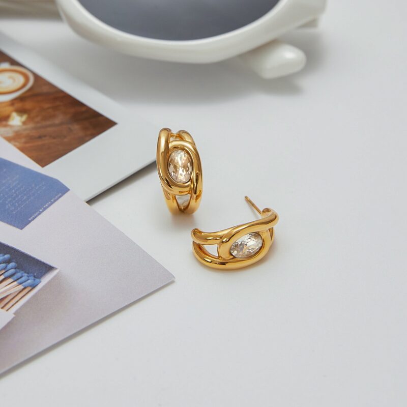 J&D Tarnish Free Steel CC Shape Earring Stylish 18K Gold Plated Stainless Steel White Zircon Hollow Hoop Earrings - Image 3