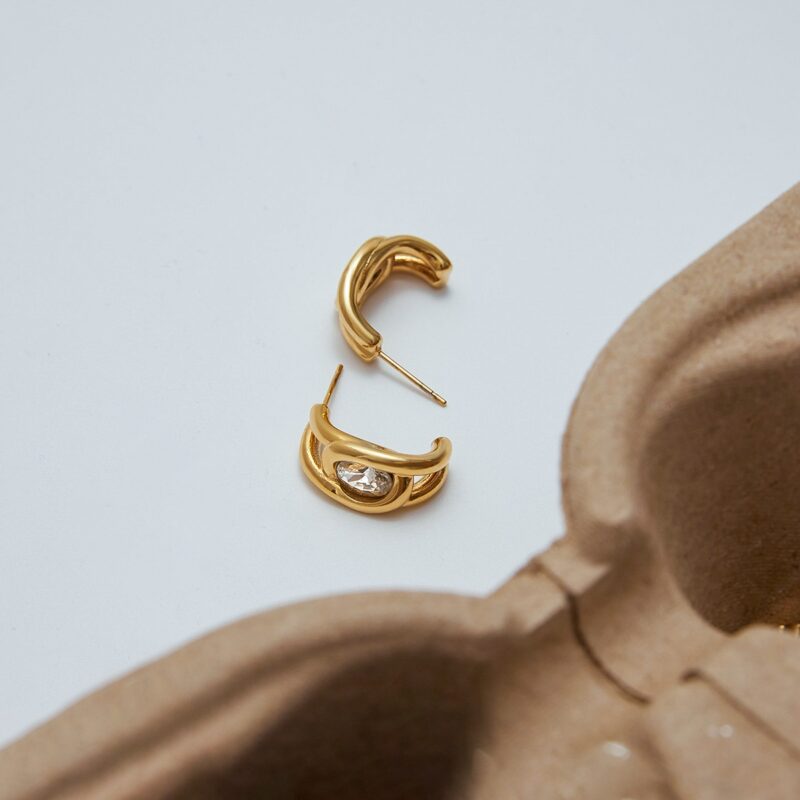 J&D Tarnish Free Steel CC Shape Earring Stylish 18K Gold Plated Stainless Steel White Zircon Hollow Hoop Earrings - Image 2