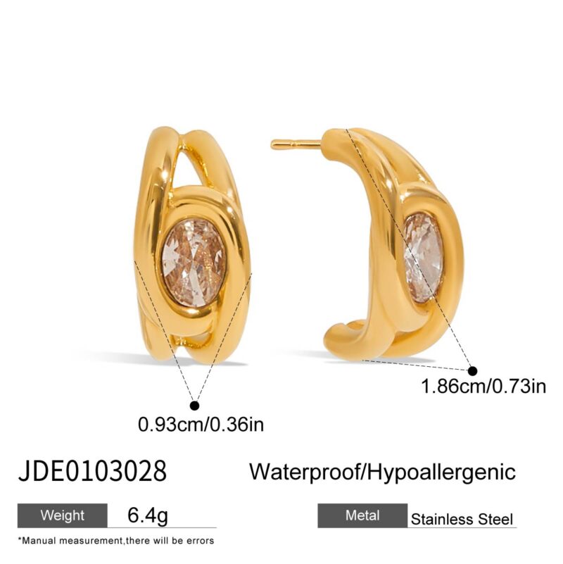 J&D Tarnish Free Steel CC Shape Earring Stylish 18K Gold Plated Stainless Steel White Zircon Hollow Hoop Earrings - Image 6