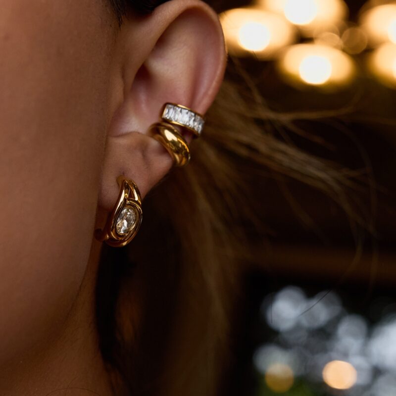 J&D Tarnish Free Steel CC Shape Earring Stylish 18K Gold Plated Stainless Steel White Zircon Hollow Hoop Earrings - Image 5