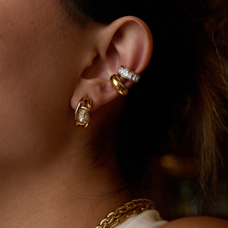J&D Tarnish Free Steel CC Shape Earring Stylish 18K Gold Plated Stainless Steel White Zircon Hollow Hoop Earrings - Image 4