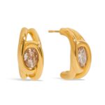 J&D Tarnish Free Steel CC Shape Earring Stylish 18K Gold Plated Stainless Steel White Zircon Hollow Hoop Earrings