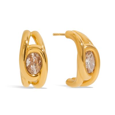 J&D Tarnish Free Steel CC Shape Earring Stylish 18K Gold Plated Stainless Steel White Zircon Hollow Hoop Earrings