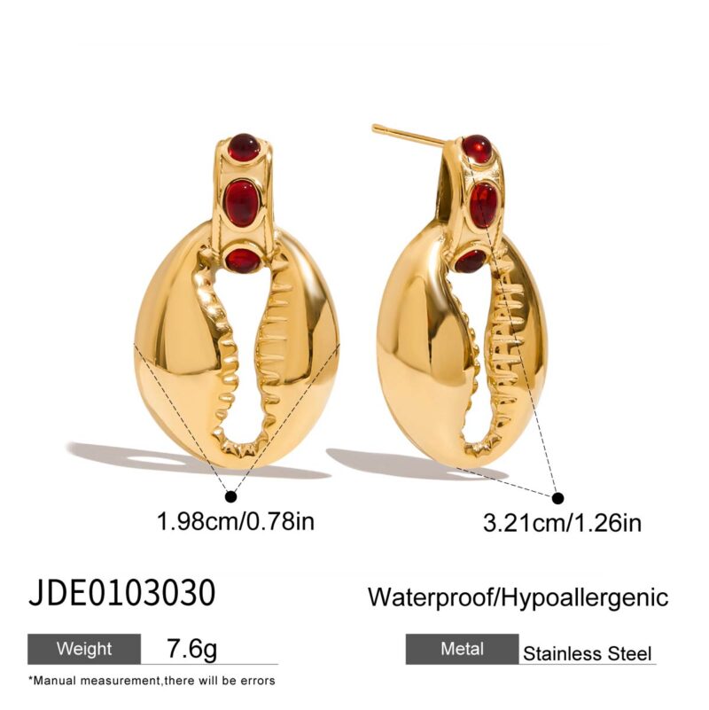 JD Exclusive Women's 18K Gold Stainless Steel Cat Eye Shell Red Earrings Pair - Image 5