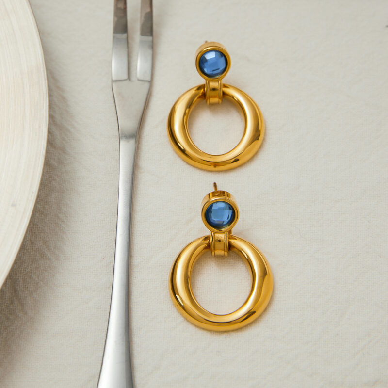 J&D Elegant Blue Cubic Zircon Earrings 18K Gold Plated Stainless Steel Hoop Door Design Hypoallergenic Minimalist Jewelry - Image 3