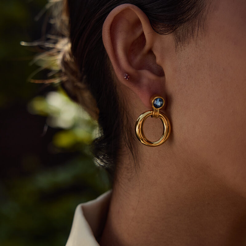 J&D Elegant Blue Cubic Zircon Earrings 18K Gold Plated Stainless Steel Hoop Door Design Hypoallergenic Minimalist Jewelry - Image 5