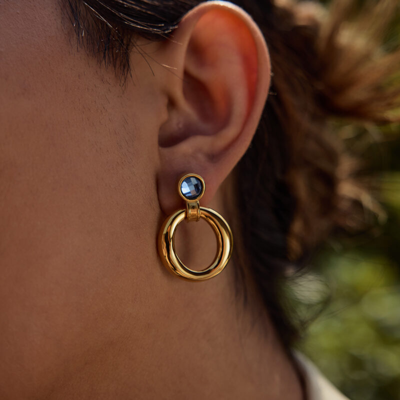 J&D Elegant Blue Cubic Zircon Earrings 18K Gold Plated Stainless Steel Hoop Door Design Hypoallergenic Minimalist Jewelry - Image 4