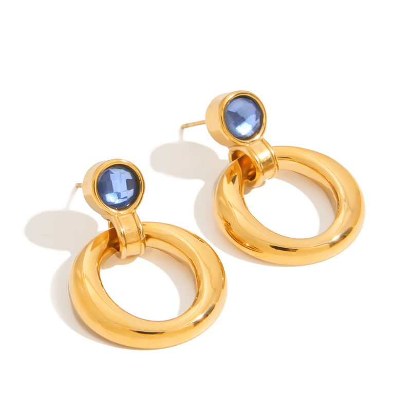J&D Elegant Blue Cubic Zircon Earrings 18K Gold Plated Stainless Steel Hoop Door Design Hypoallergenic Minimalist Jewelry - Image 2