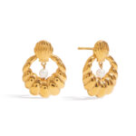 J&D Women Elegant Openwork Stud Earrings 18K Gold Plated Stainless Steel White Glass Pearl Hypoallergenic Minimalist Jewelry