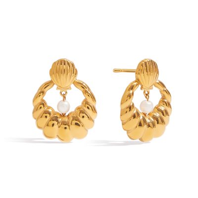 J&D Women Elegant Openwork Stud Earrings 18K Gold Plated Stainless Steel White Glass Pearl Hypoallergenic Minimalist Jewelry