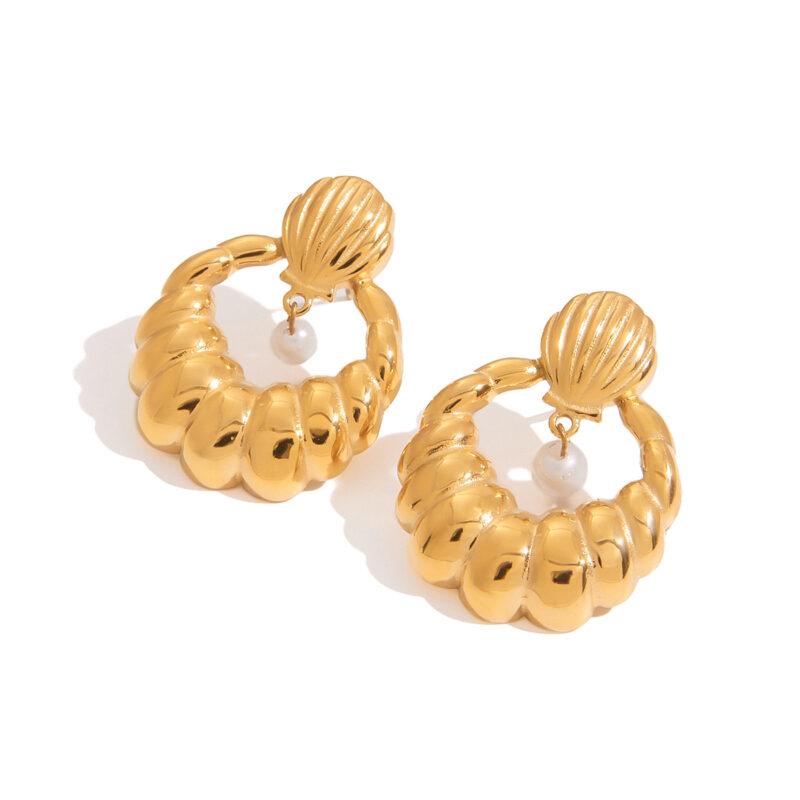 J&D Women Elegant Openwork Stud Earrings 18K Gold Plated Stainless Steel White Glass Pearl Hypoallergenic Minimalist Jewelry - Image 2
