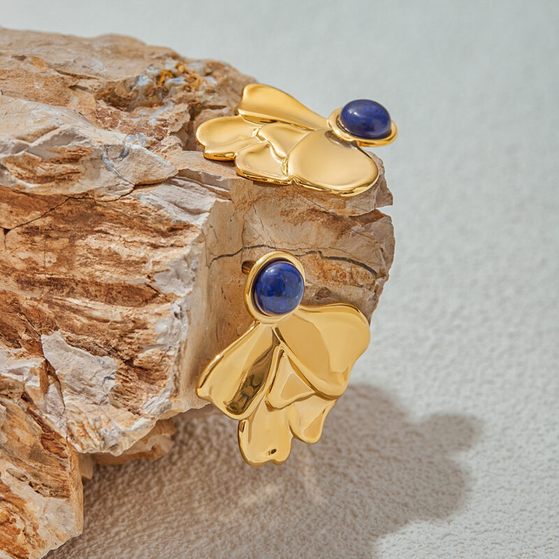 18K Gold Stainless Steel Earrings - Urban Lapis Lazuli Fan Drop Earrings, Trendy Streetwear Jewelry for Women - Image 2