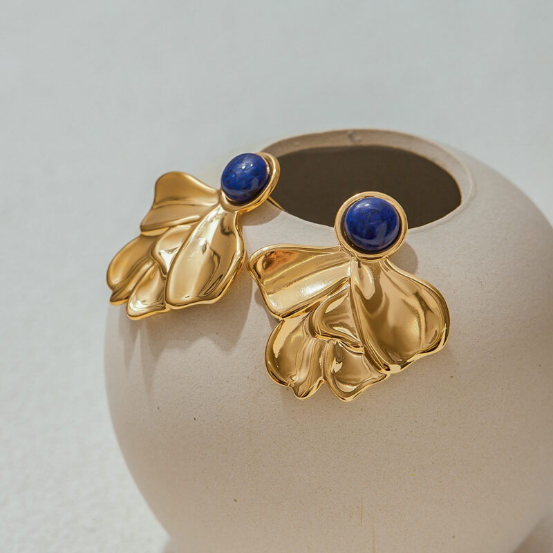 18K Gold Stainless Steel Earrings - Urban Lapis Lazuli Fan Drop Earrings, Trendy Streetwear Jewelry for Women - Image 3