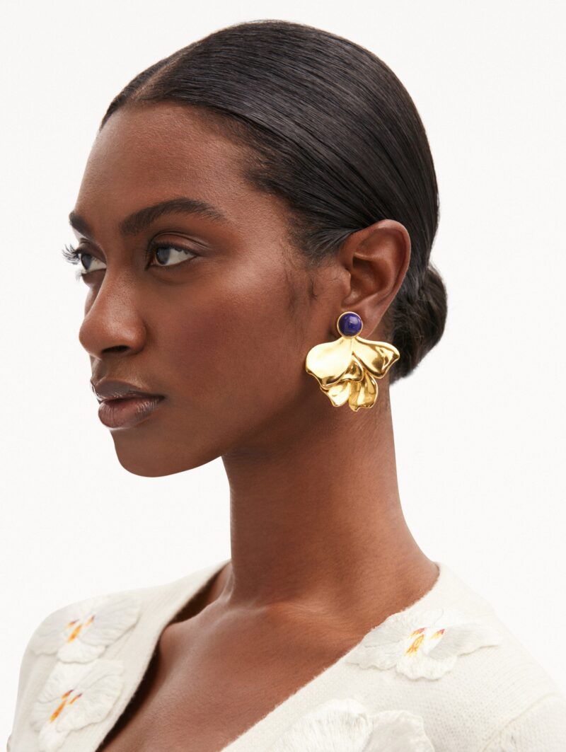 18K Gold Stainless Steel Earrings - Urban Lapis Lazuli Fan Drop Earrings, Trendy Streetwear Jewelry for Women - Image 5