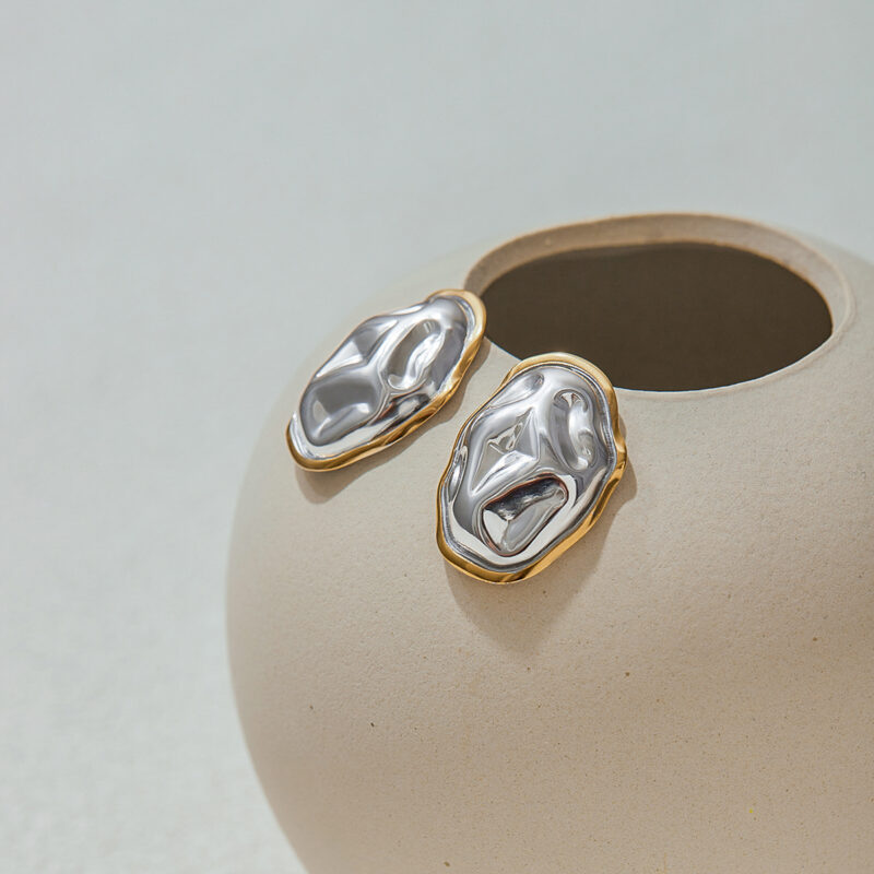 J&D Streetwear 18K Gold Stainless Steel Two-Tone Organic Geometric Earrings Asymmetric Bold Jewelry Stackable Earrings - Image 2