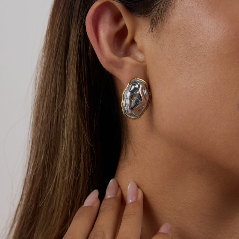J&D Streetwear 18K Gold Stainless Steel Two-Tone Organic Geometric Earrings Asymmetric Bold Jewelry Stackable Earrings - Image 3