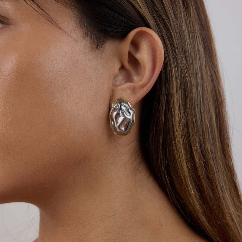 J&D Streetwear 18K Gold Stainless Steel Two-Tone Organic Geometric Earrings Asymmetric Bold Jewelry Stackable Earrings - Image 4
