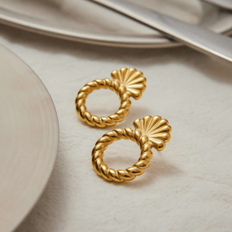 18K Gold Stainless Steel Door Knob Earrings - Modern Minimalist Hollow Screw Thread Design, Fashion Jewelry Pair - Image 2