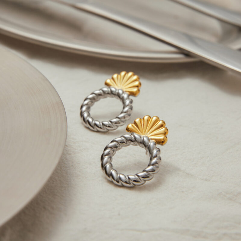18K Gold Plated Stainless Steel Door Knob Earrings - Two-Tone Hollow Screw Thread Minimalist Dangle Earrings for Women - Image 5