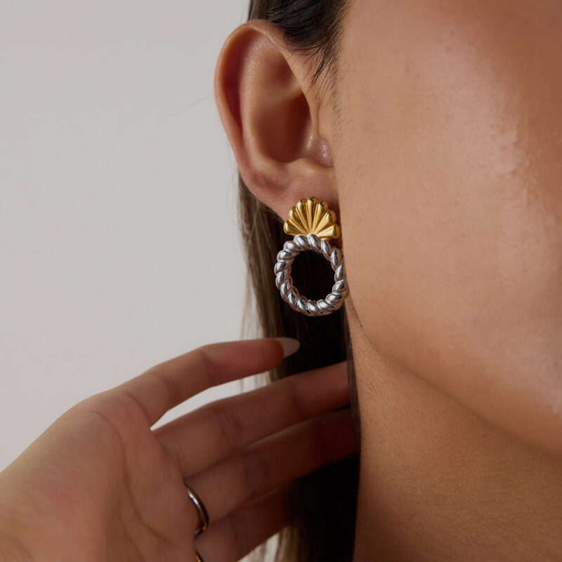 18K Gold Plated Stainless Steel Door Knob Earrings - Two-Tone Hollow Screw Thread Minimalist Dangle Earrings for Women - Image 2